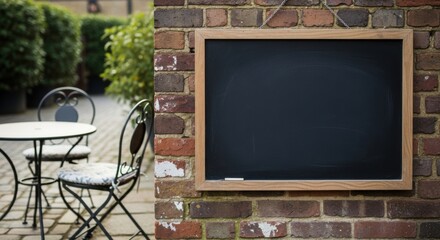 Empty outdoor chalkboard hanging on a brick wall beside a small cafe table, ideal for menu displays, announcements and promotional messages in restaurants or street cafes