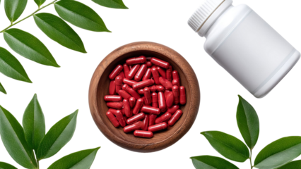 PNG of Close-up of red capsules in a wooden bowl surrounded by green leaves and a white bottle, creating a natural health theme.