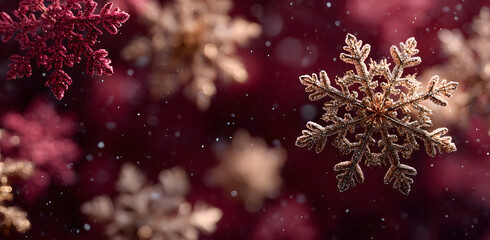 Festive background image featuring golden snowflakes falling on a deep red backdrop. Perfect for Christmas, New Year, winter designs,