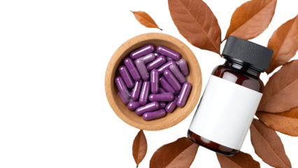 PNG of Amber bottle with purple capsules surrounded by autumn leaves, creating a warm and inviting health-themed composition.