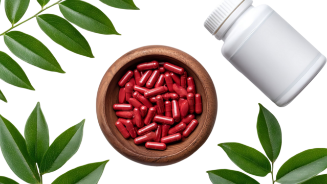 PNG of Close-up of red capsules in a wooden bowl surrounded by green leaves and a white bottle, creating a natural health theme.