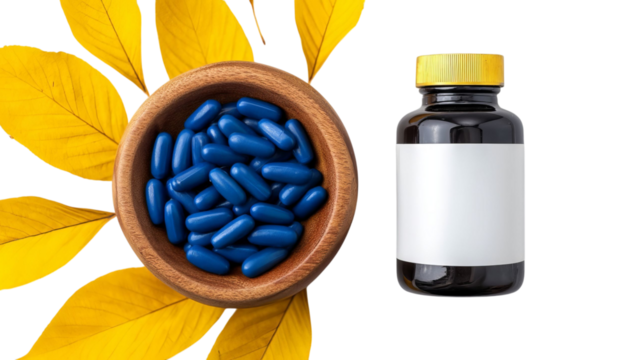 PNG of Elegant display of blue dietary supplements in a wooden bowl next to a dark bottle with blank label, surrounded by yellow leaves.