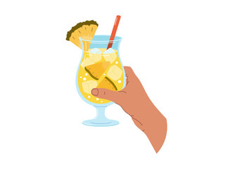 A hand holds a yellow pineapple drink