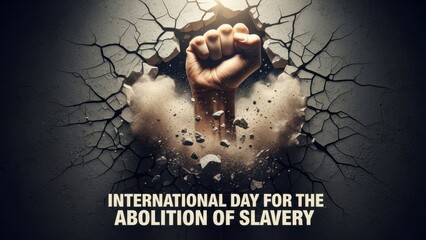 Powerful fist breaking through a cracked wall, symbolizing freedom and abolition of slavery