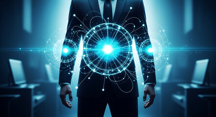 Modern businessman connecting global tech networks now