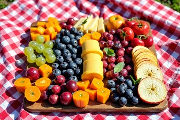 Overhead View of Picnic Blanket Adorned with Colorful Fruits and Cheeses Arranged in Symmetrical Design