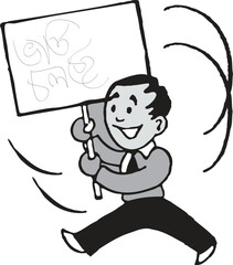 Cartoon illustration of a funny boy character holding a blank sign for business or art