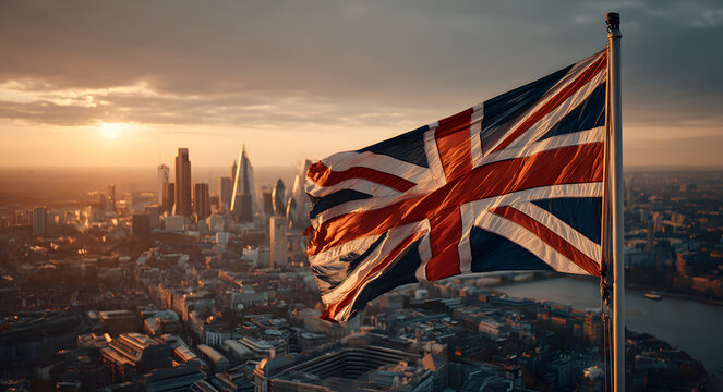 Union Jack flag flying high over London city skyline at sunset. National symbol represents Great Britain patriotic holiday and unity.