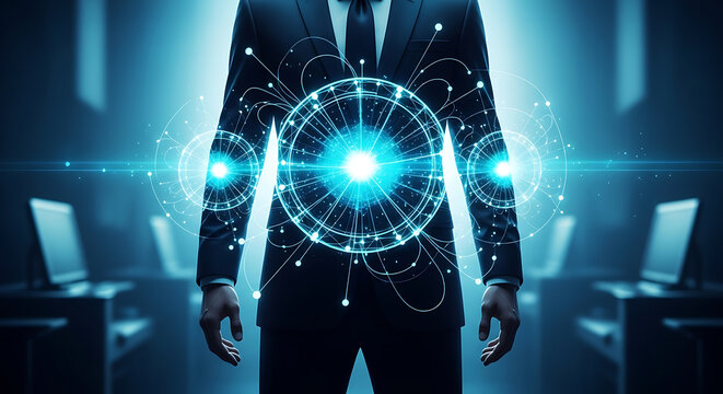 Modern businessman connecting global tech networks now