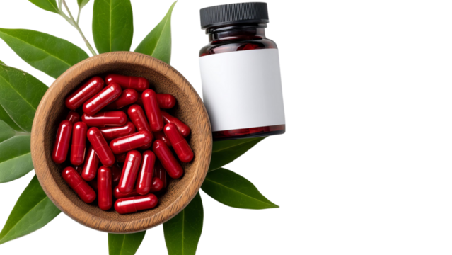 PNG of Red capsules in a wooden bowl next to a blank pill bottle and green leaves, symbolizing health and wellness.