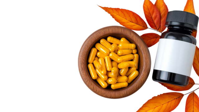PNG of A wooden bowl filled with golden capsules and a black bottle with a blank label, surrounded by autumn leaves.