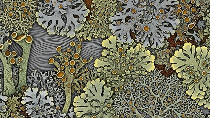 Intricate patterns of lichen growth on a textured surface, showcasing natures artistry.
