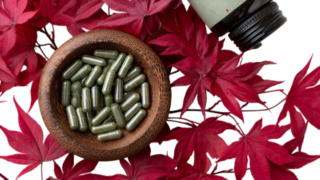 PNG of Green capsules in a wooden bowl surrounded by vibrant red leaves, emphasizing natural health and wellness.