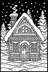 Obraz premium A house with a chimney and a roof covered in snow. The house is decorated with a bow on the door