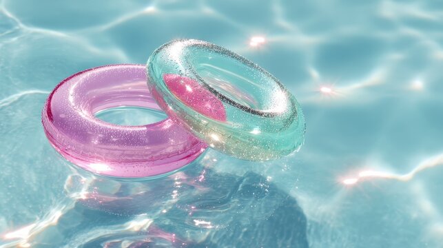 Swim rings clasped and floating in sunlit pool