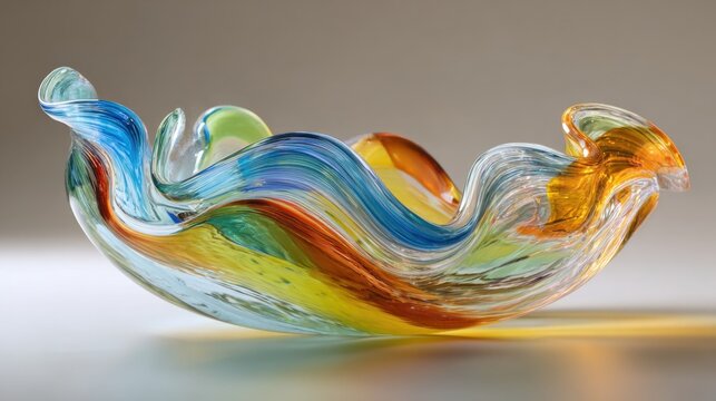 A colorful bowl with a wave pattern is sitting on a white surface. The bowl is made of glass and has a unique design that catches the eye. The colors of the bowl are vibrant