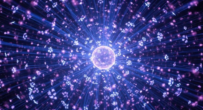 Abstract blue purple glowing sphere radiating light rays data