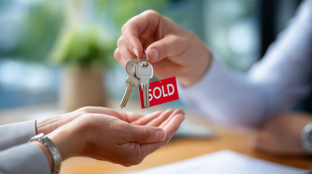 Real estate agent closing deal, keys handed to clients, “Sold” sign reveal, career momentum, with copy space - Powered by Adobe