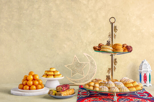 Maamoul , bisquits, loqma . Traditional middle eastern sweets for celebration Eid Al- Fitr after Ramadan	