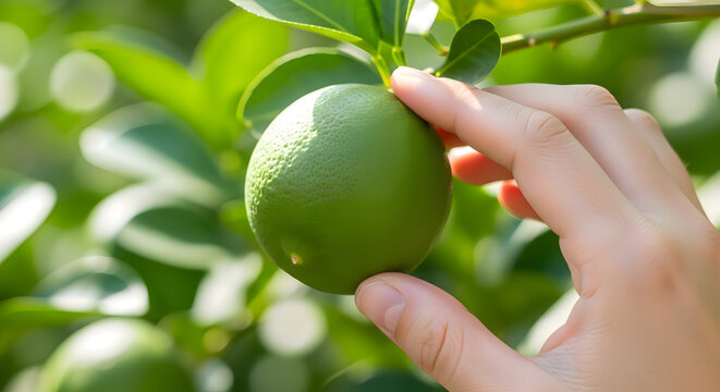 Hand Holding a Vibrant Green Lime Growing on a Branch in a Citrus Orchard with Lush, Sunny Foliage