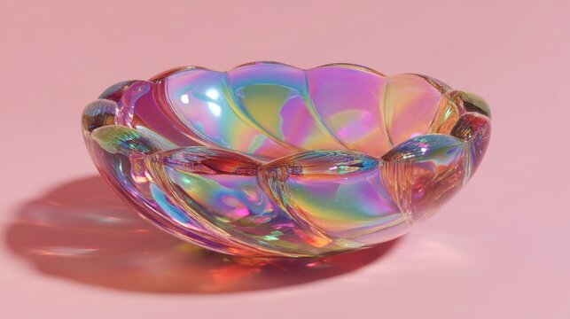 A colorful bowl with a rainbow pattern sits on a pink background. The bowl is made of glass and has a unique, artistic design. The colors and patterns on the bowl create a sense of vibrancy and energy