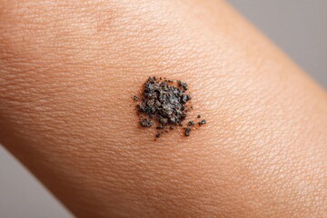 Obraz premium Brown and gray textured substance on skin, showcasing unique patterns and details in close-up view