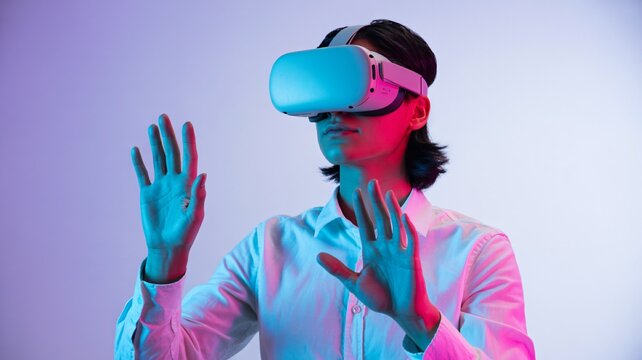 Immersive VR gaming experience with futuristic headset and neon lighting