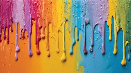 Fototapeta premium A painting of colorful paint drips on a yellow background. The colors are bright and vibrant, creating a sense of energy and excitement