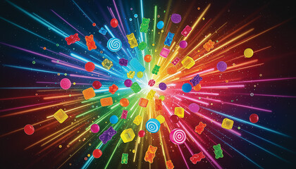 Colorful candy explosion with vibrant rainbow light streaks and sweets