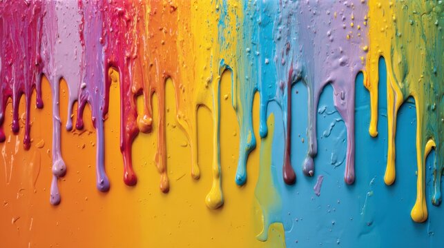 A painting of colorful paint drips on a yellow background. The colors are bright and vibrant, creating a sense of energy and excitement