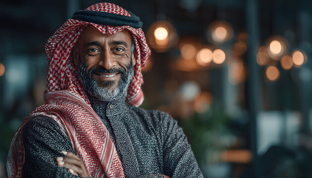 Arabian man in traditional thawb, ghutra stands confidently in modern office. His crossed arms, warm smile suggest success, approachability. He works in bright, airy workspace with blurred background.