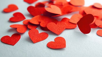 A bunch of red hearts are scattered on a white background. Concept of love and affection, as the hearts are a symbol of romance and passion. The red color of the hearts also adds to the intensity