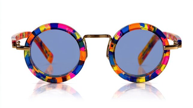 A pair of colorful sunglasses with a blue lens. The sunglasses are made of a variety of colors and are designed to be eye-catching