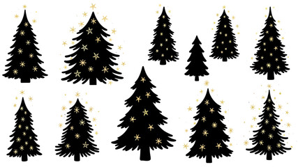 Collection of black christmas tree silhouettes with star decorations on white