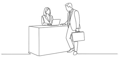 Continuous line art of a business woman with laptop at counter and businessman with brief, showing office interaction. Vector, illustration