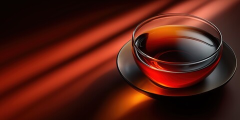 Glass cup of hot tea illuminated by dramatic window blind shadows on wood.

