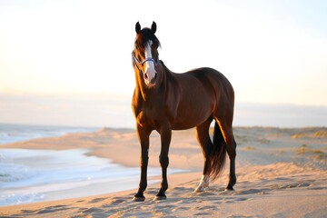 Chestnut Horse Standing on Sandy Beach at Sunset