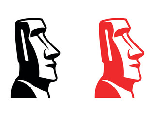Two stylized moai statues, one black and one red, face left on a white background.