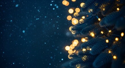 Blurred christmas tree lights with snowfall on blue background