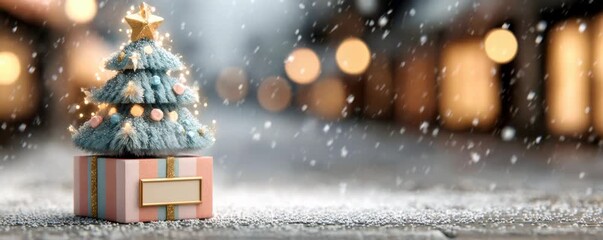 Miniature knitted christmas tree on a wrapped gift box, with falling snow and warm bokeh lights in a festive winter scene - Powered by Adobe