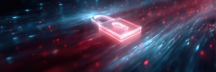 Digital glowing padlock security symbol in data stream for cybersecurity concepts.

