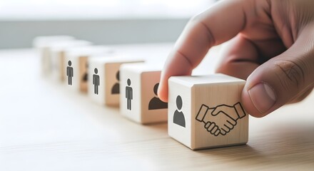 Hand placing wooden block with handshake icon in row