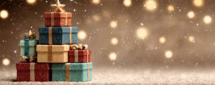 Stacked gift boxes creating a tree shape, celebrating holiday season with falling snow and warm bokeh lights