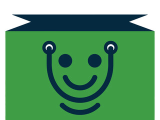 A green shopping bag with a dark blue handle and a smiley face made of dark blue lines