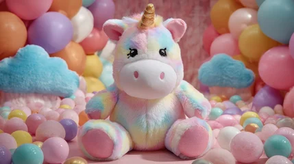 Wandcirkels Eenhoorn A colorful unicorn is sitting in a pile of colorful balls. The scene is playful and whimsical, with the unicorn being the main focus of the image  © mila103