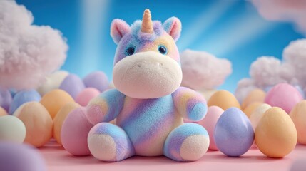 A colorful unicorn is sitting in a field of eggs. The eggs are scattered around the unicorn, with some of them being larger and others smaller. The scene is whimsical and playful