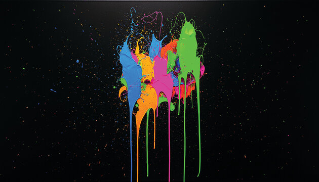 Abstract colorful paint splash with drips and scattered drops
