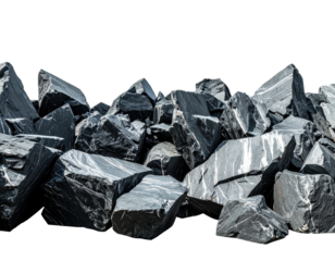 A pile of angular, dark gray rocks with striking white veins, against a stark black background