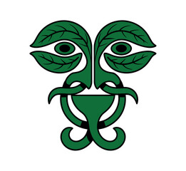 A stylized green face with leaf-shaped eyes and a symmetrical design.