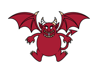 A cartoon illustration of a mischievous red devil with large wings and horns.